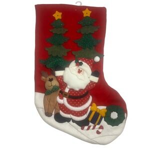 American Home Classics Red 3D Christmas Stocking Santa Reindeer Xmas Trees NWT‎